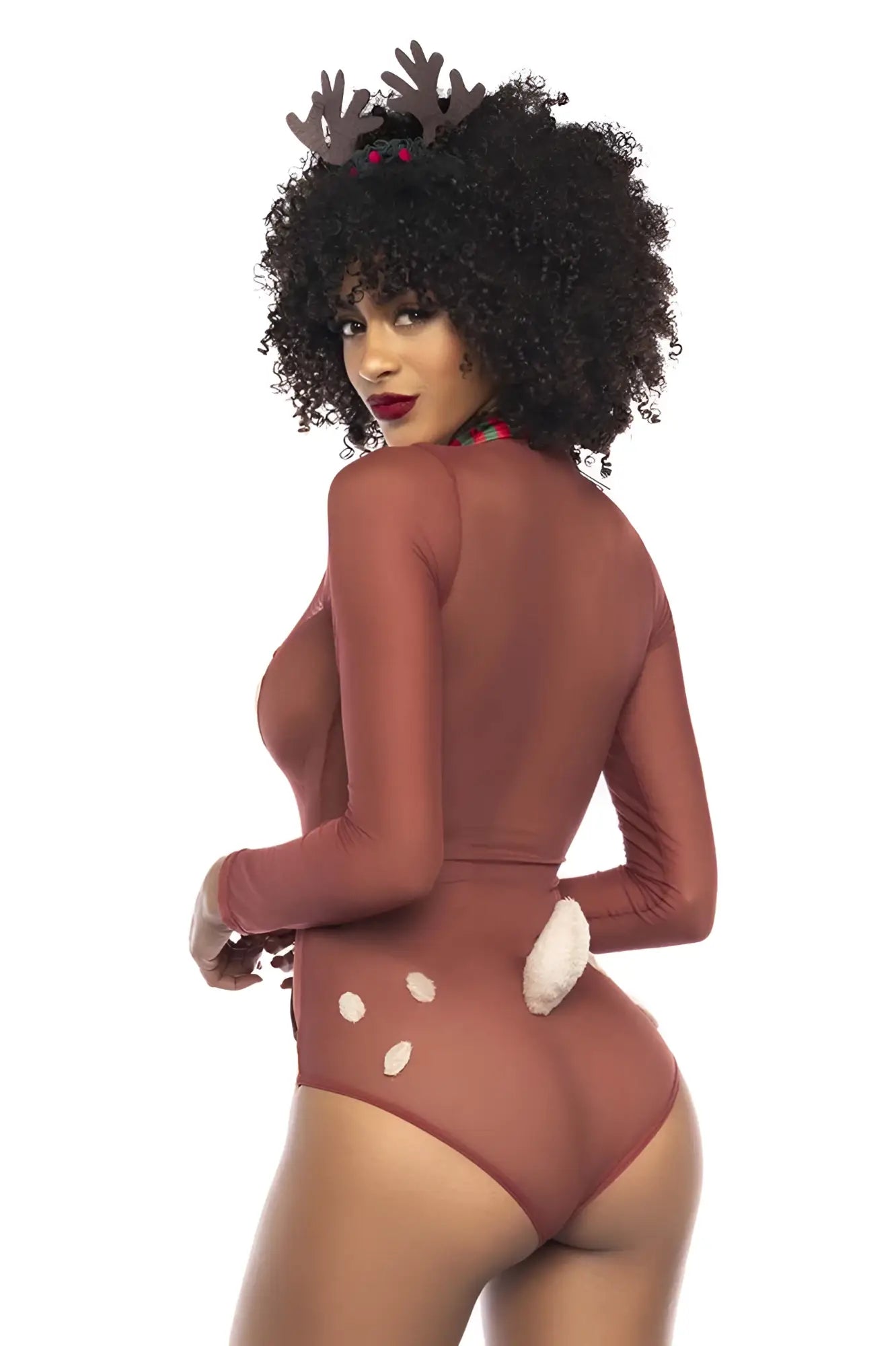 Back view of mapale 60012 festive brown reindeer one-piece costume with long sleeves white polka dots and fluffy tail