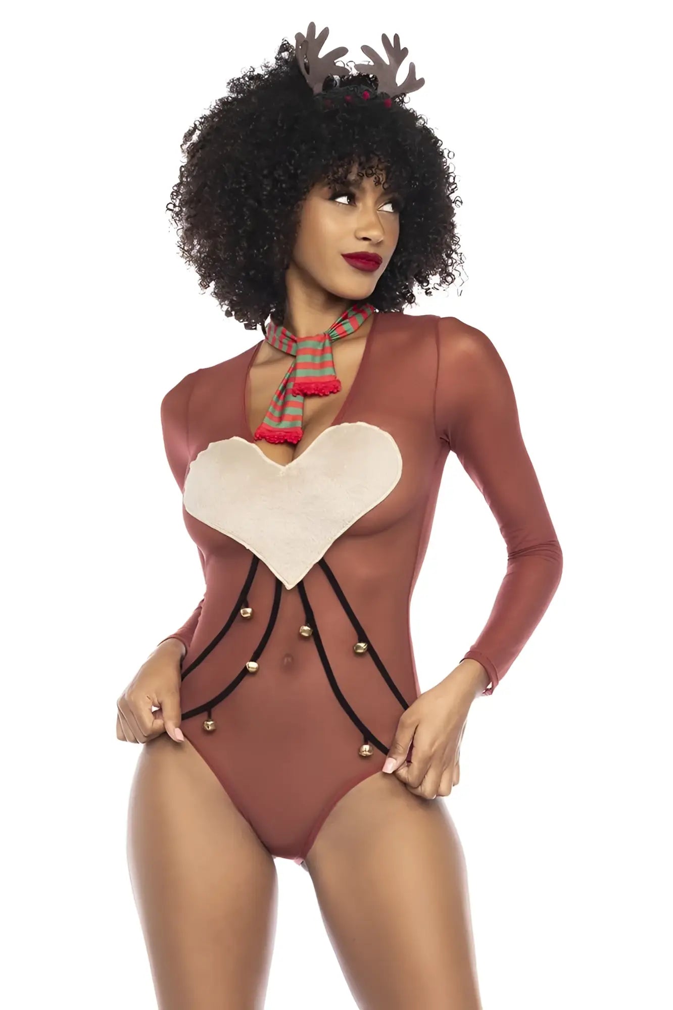 Mapale 60012 sexy babe reindeer one-piece costume in brown with plush white heart and gold jingle bells
