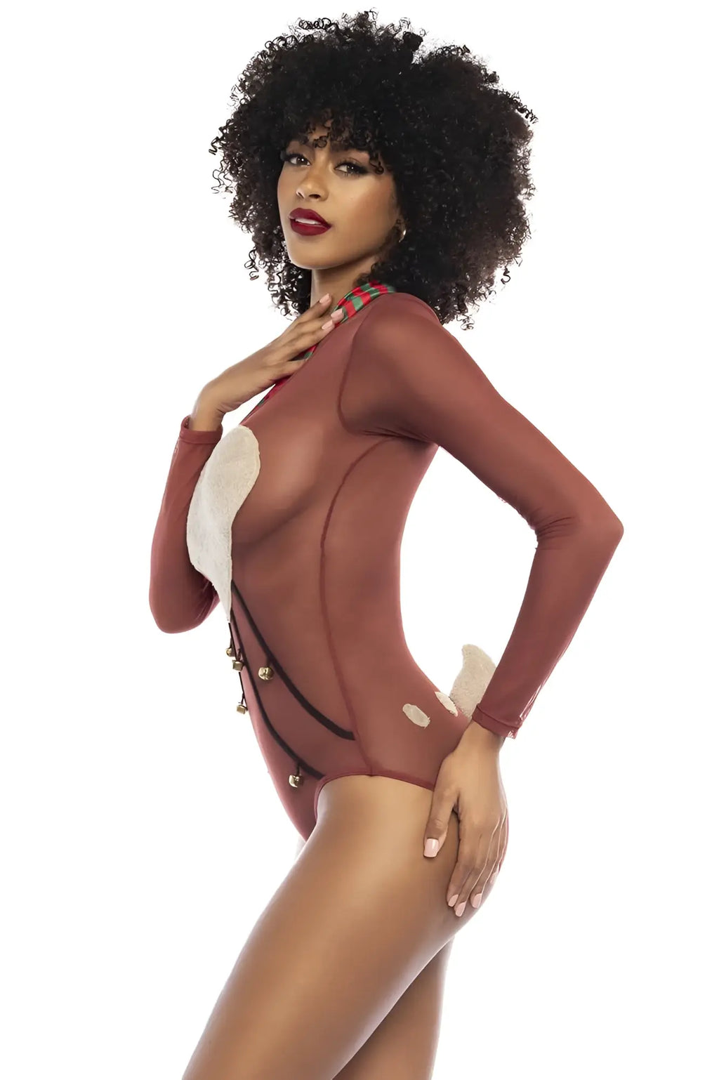 Mapale 60012 sheer maroon bunny-themed bodysuit with white faux fur and gold buttons along the side