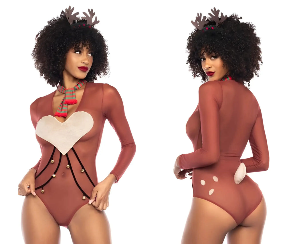 Mapale 60012 sexy babe reindeer one-piece costume in reddish-brown stretchy fabric with white accents and antler headpiece