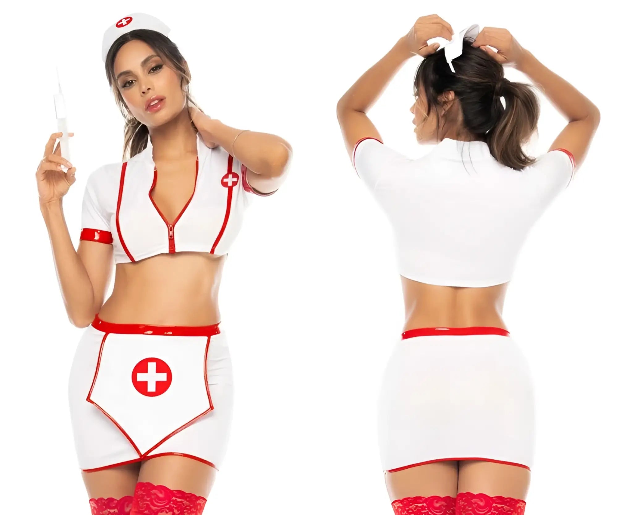 Mapale 60018 Big Shot nurse costume in white. Front and back view of the outfit on a model.