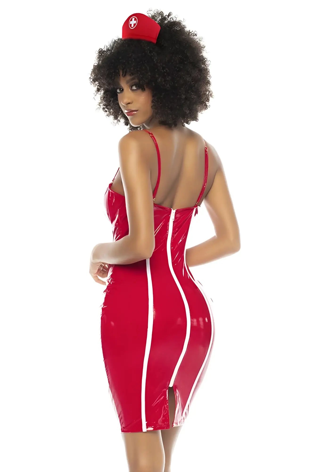 Red glossy latex nurse costume dress with white vertical stripes and thin straps from mapale 60019 rn costume color only color