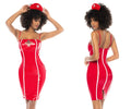 Red latex nurse costume dress by mapale with white vertical stripes and cross emblem on chest color only color