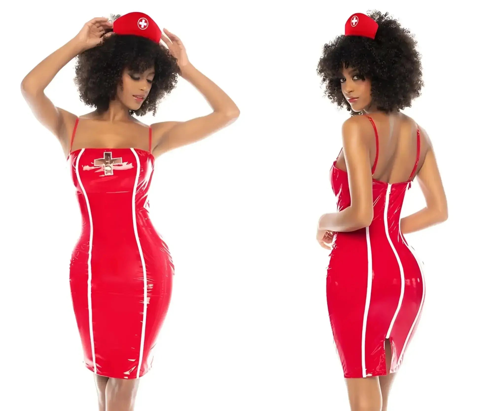 Red latex nurse costume dress by mapale with white vertical stripes and cross emblem on chest color only color