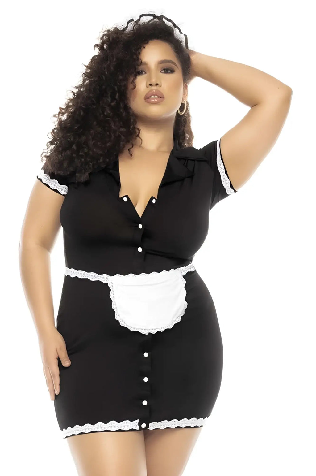 Black short-sleeved maid dress with white lace trim and matching apron in Mapale 60021X flirty French maid costume plus color
