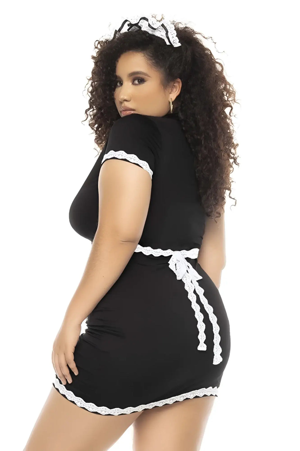 Black short-sleeved maid dress with white lace trim on sleeves waistband and hemline from mapale 60021x flirty french maid costume
