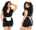 Black plus-size French maid dress with white lace trim and matching apron by Mapale 60021X for flirty costume use