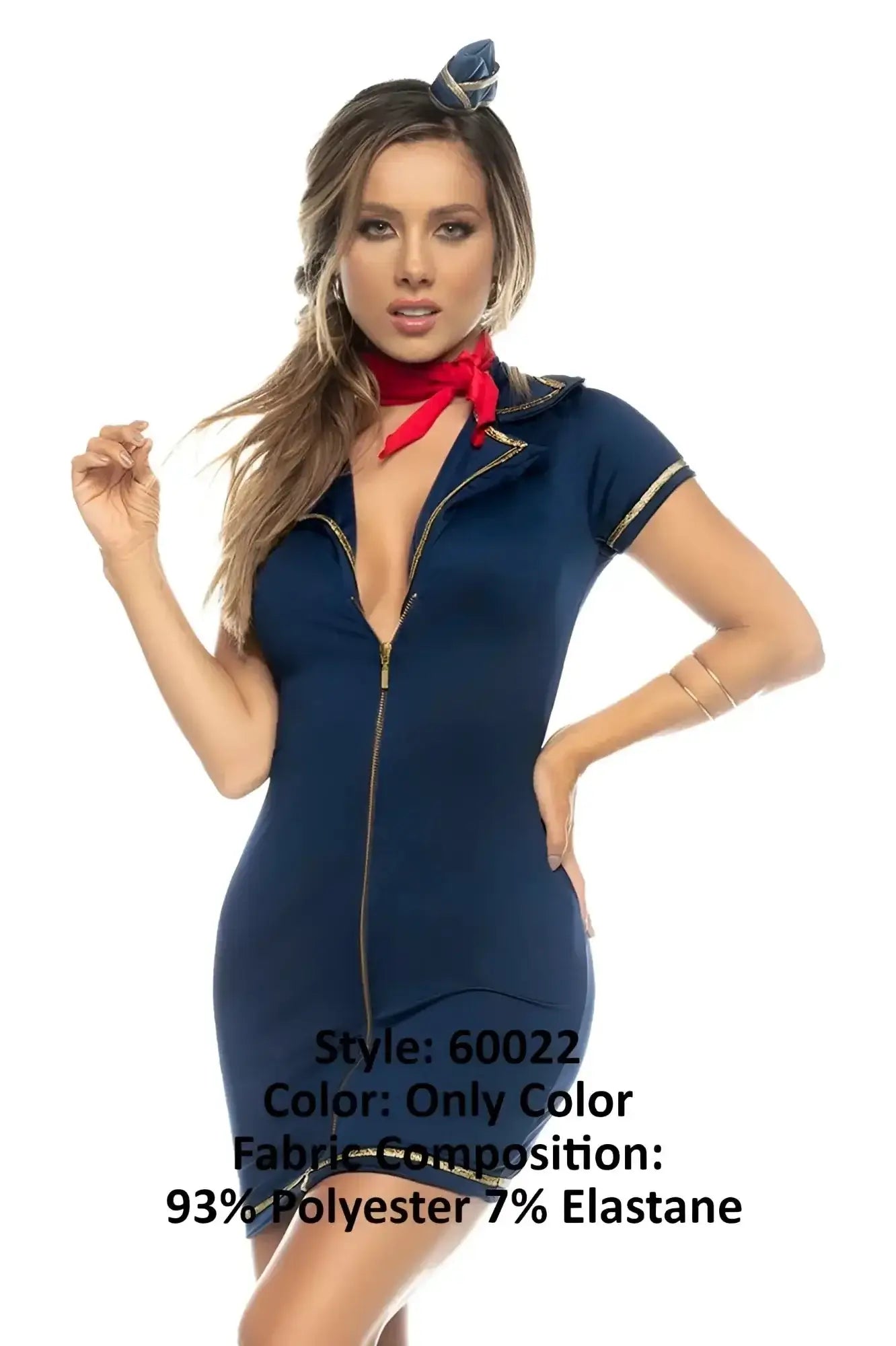 Navy blue short-sleeved flight attendant costume dress with gold zipper trim and red scarf accessory by Mapale 60022