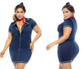 Navy blue form-fitting flight attendant costume with gold trim and red scarf from mapale 60022x drunk on a plane series