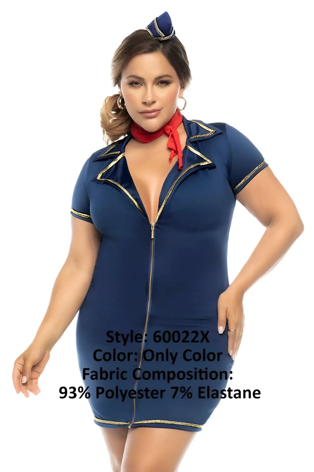 Navy blue short-sleeved flight attendant dress with gold trim and red neck scarf from mapale 60022X drunk on a plane costume