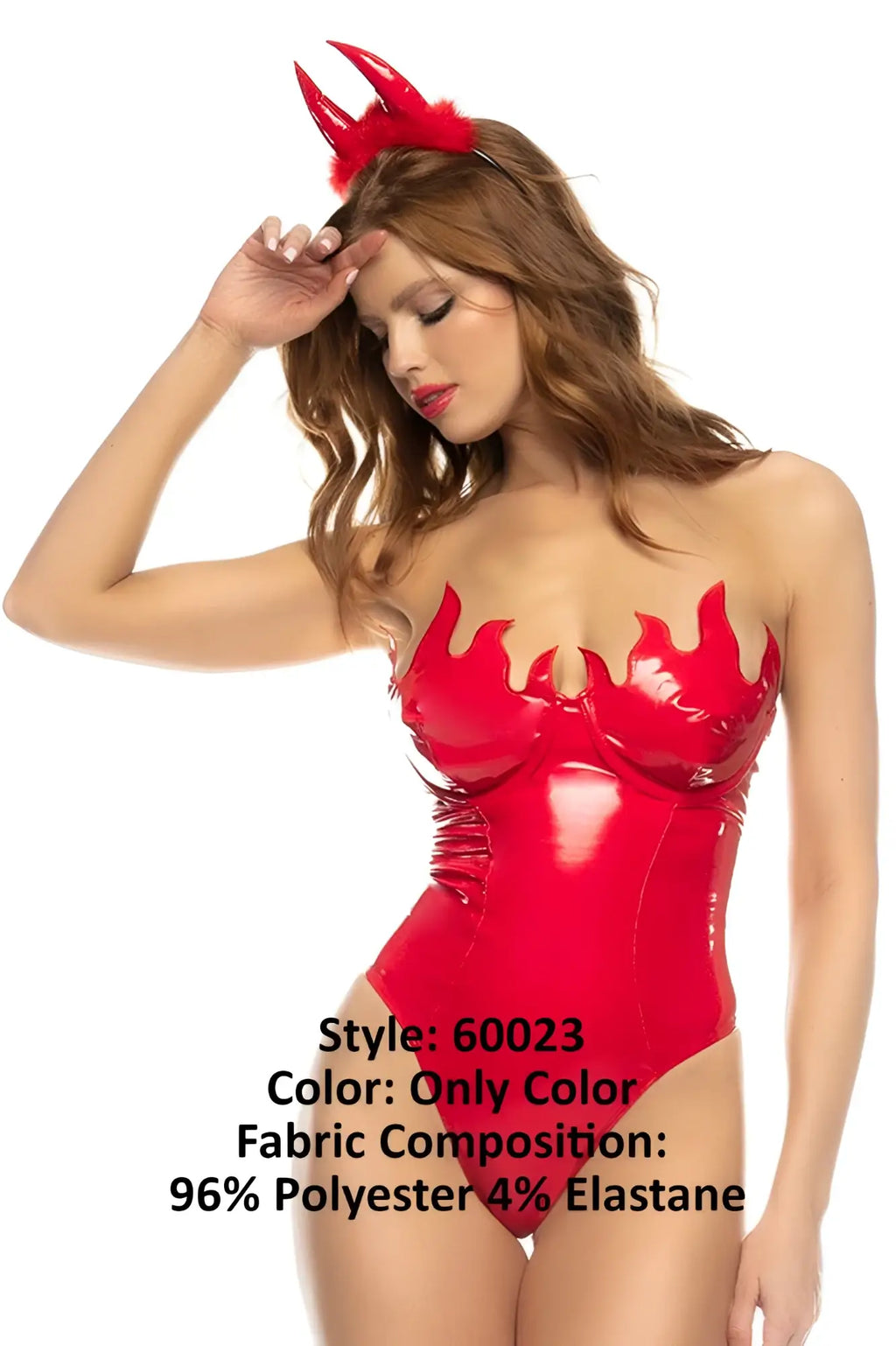 Mapale 60023 devilicious costume red glossy latex one-piece with flame detailing and matching red feathered horns