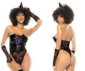 Mapale 60024 bewitching black lace cat costume with shiny black corset front purple lacing fingerless gloves and ears