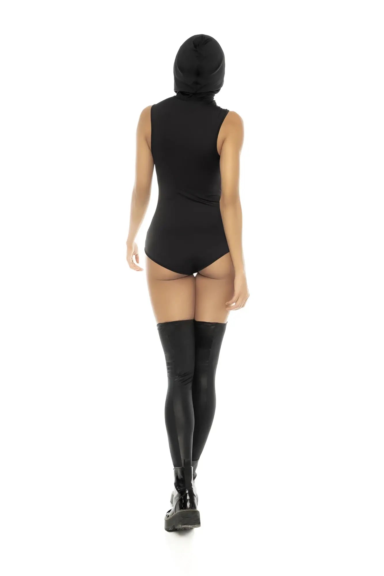 Black hooded one-piece bodysuit with sleek design and shiny black thigh-high stockings from mapale 60025 ghost rider color