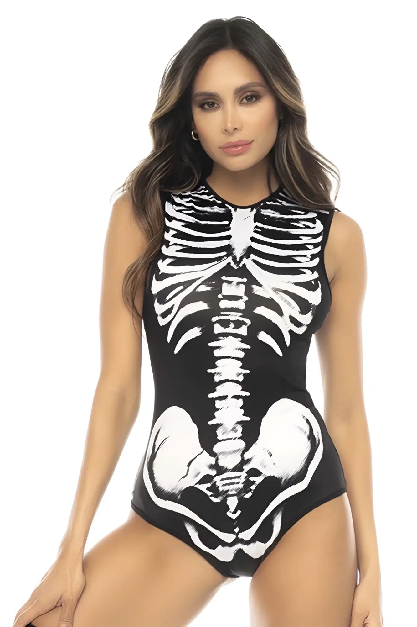 Black one-piece swimsuit with white skeletal ribcage and pelvic bone design from mapale 60025 ghost rider costume