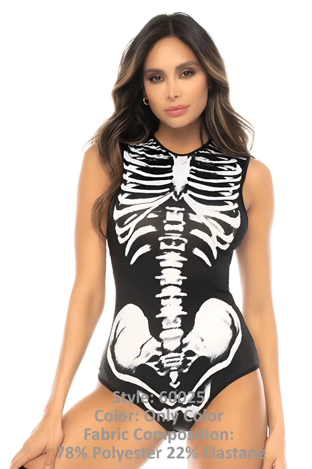 Black one-piece swimsuit by Mapale featuring a white skeleton design on the front in ghost rider costume style