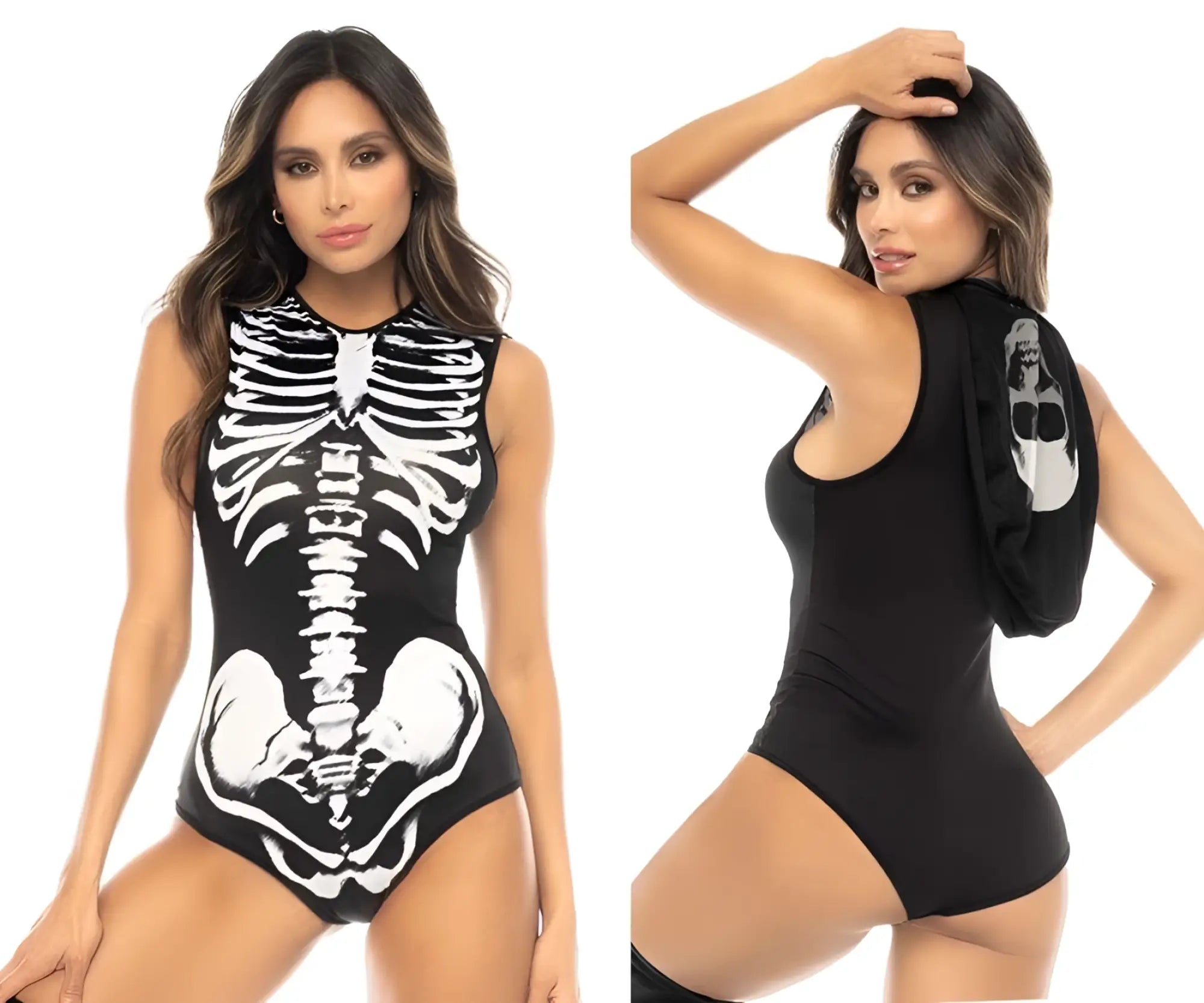 Black skeleton-themed one-piece swimsuit with white ribcage and spine design backless cut mapale 60025 ghost rider color