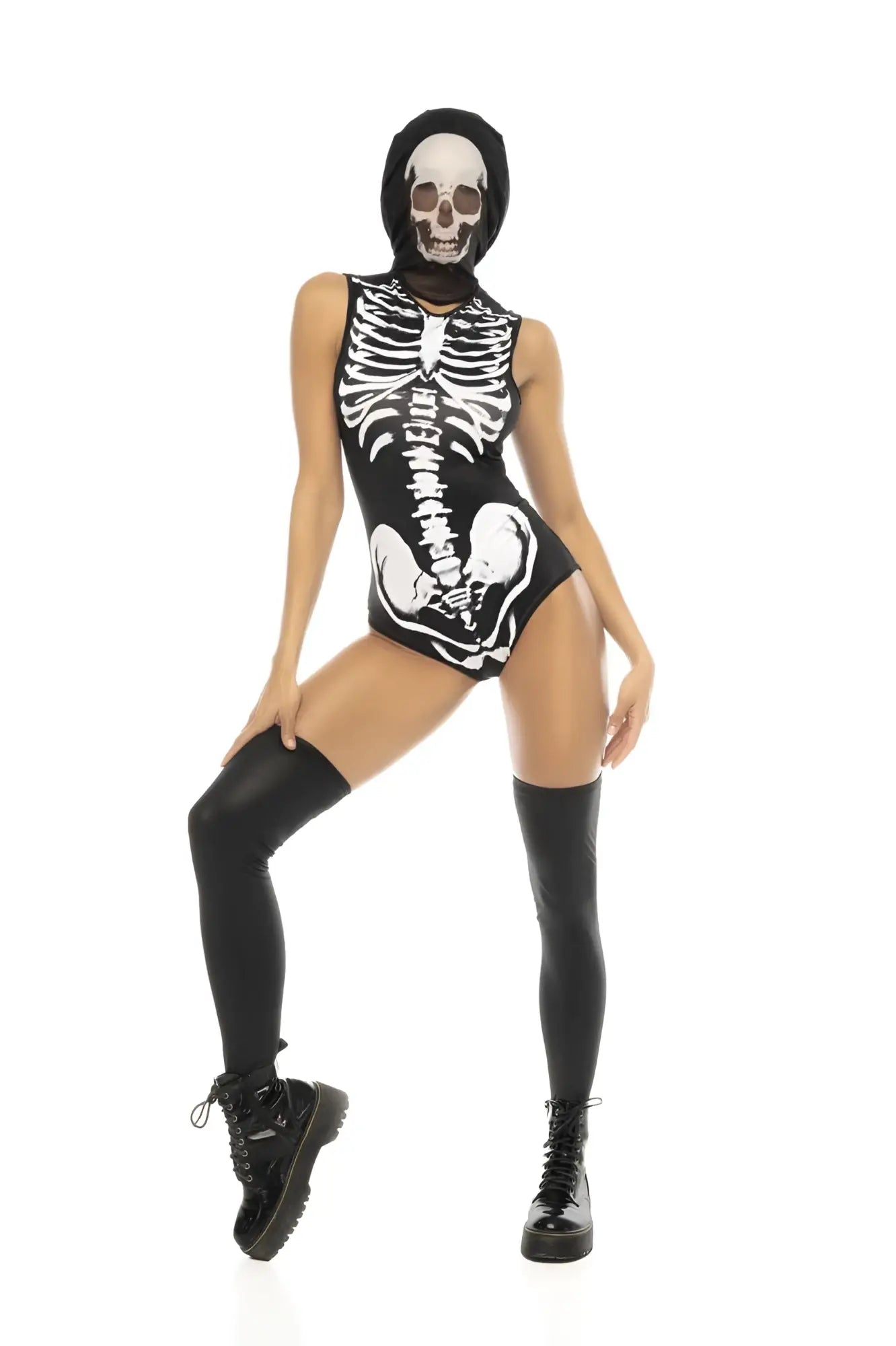 Mapale 60025 ghost rider black and white skeleton-themed one-piece costume with hood in color only view of front side