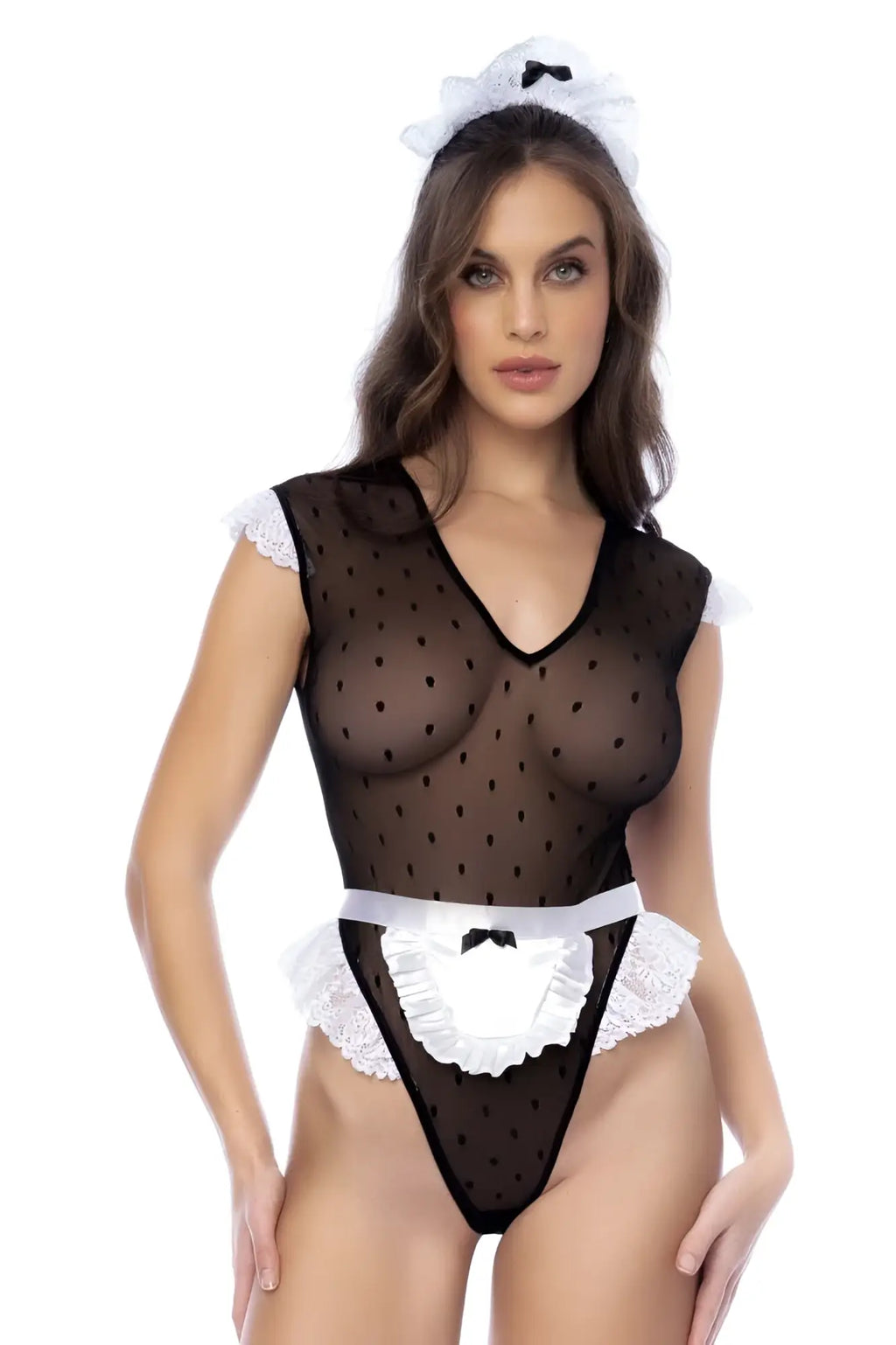 Black sheer polka dot maid bodysuit with white lace trim and ruffled apron detail by Mapale 60027 french maid color as shown
