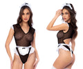 Black sheer polka dot maid outfit with white lace trim and bow details in mapale 60027 french maid color as shown