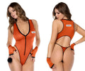 Orange one-piece bodysuit with black trim and 069 patch paired with matching fingerless gloves by mapale