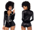 Mapale 60035 sultry swat officer black shiny faux leather police bodysuit with front zipper and silver handcuffs