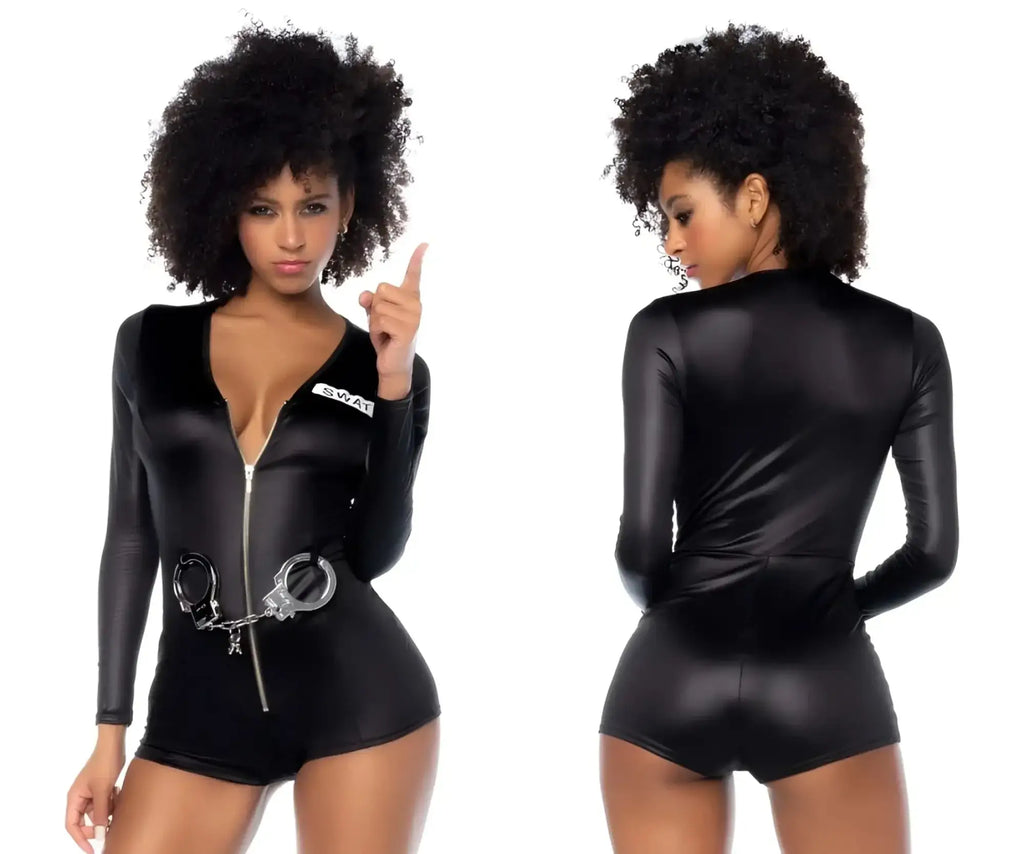 Mapale 60035 sultry swat officer black shiny faux leather police bodysuit with front zipper and silver handcuffs