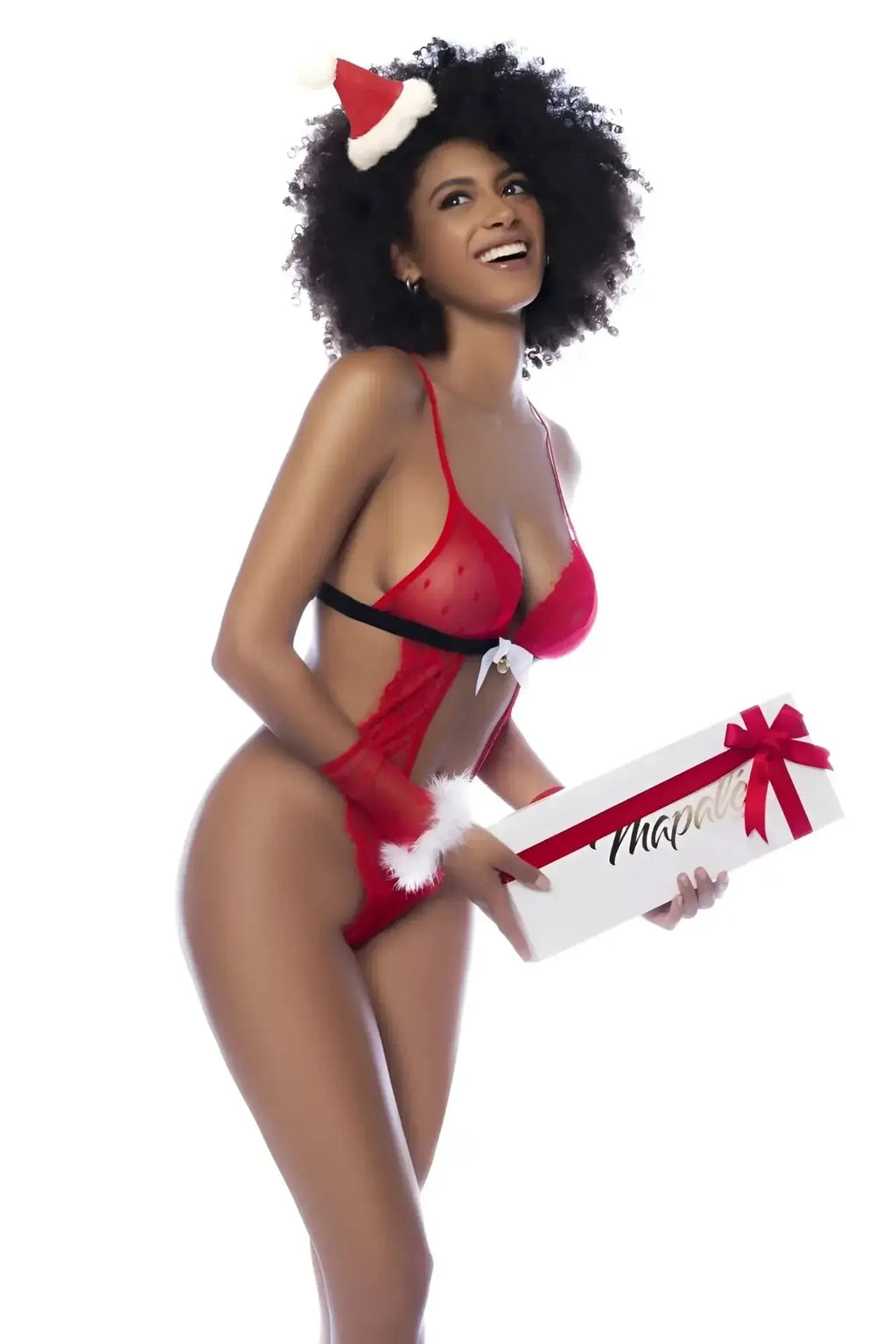 Red and black sheer lingerie set with white fur trim in mapale 60039 mrs claus color as shown