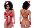 Red lace santa-themed bodysuit with black trim and white bow detail from mapale 60039 mrs claus color as shown