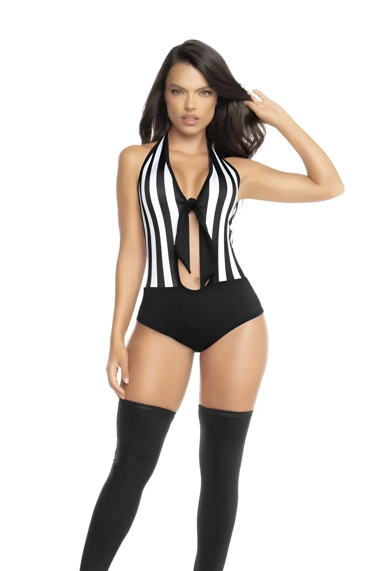 Black and white striped halter-neck one-piece swimsuit with tied bow at neckline by Mapale 60040 referee color as shown