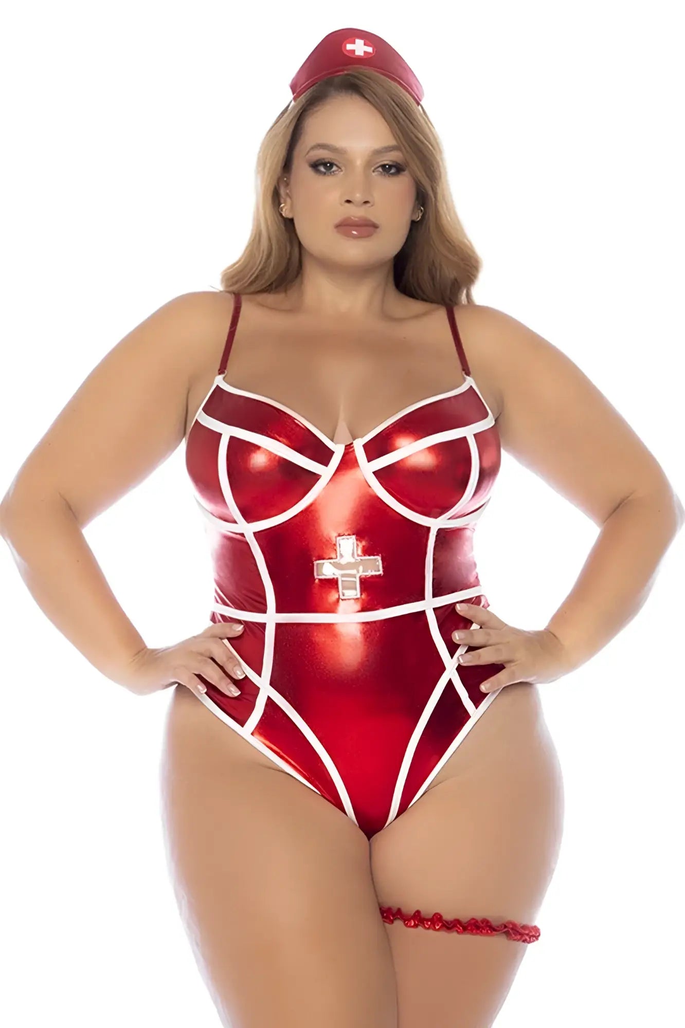 Red metallic one-piece nurse costume with white trim and silver cross emblem by mapale 60041x