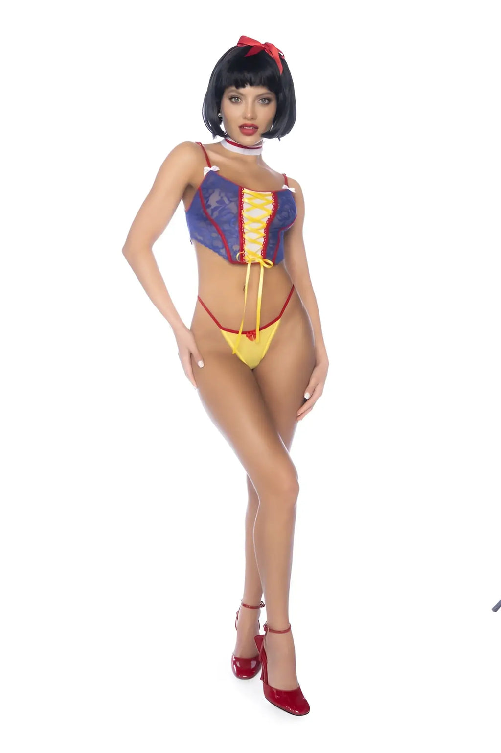 Mapale 60049 costume poisoned apple fantasy princess blue and yellow lace corset top with red lacing and matching bottoms