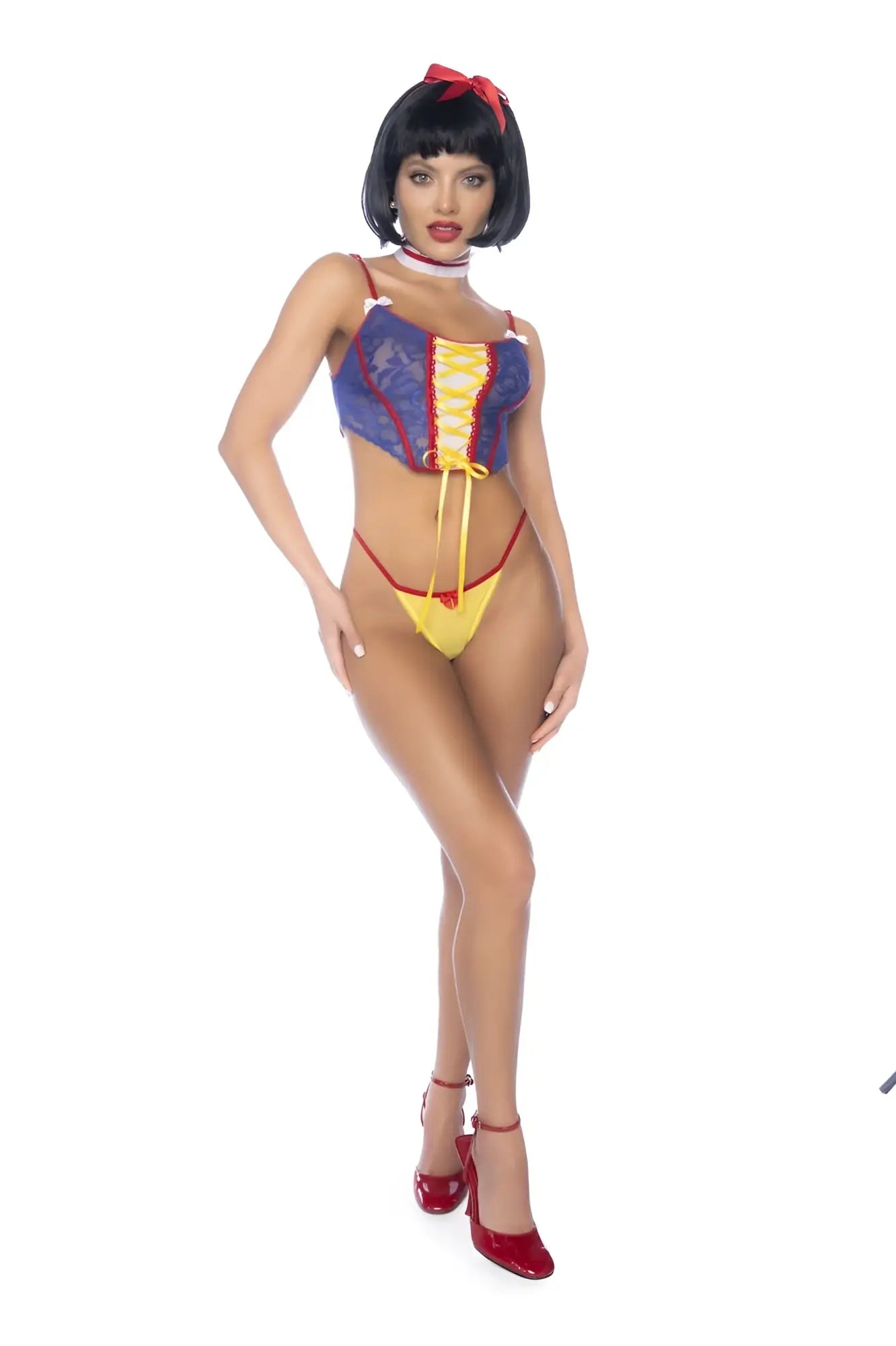 Mapale 60049 costume poisoned apple fantasy princess blue and yellow lace corset top with red lacing and matching bottoms