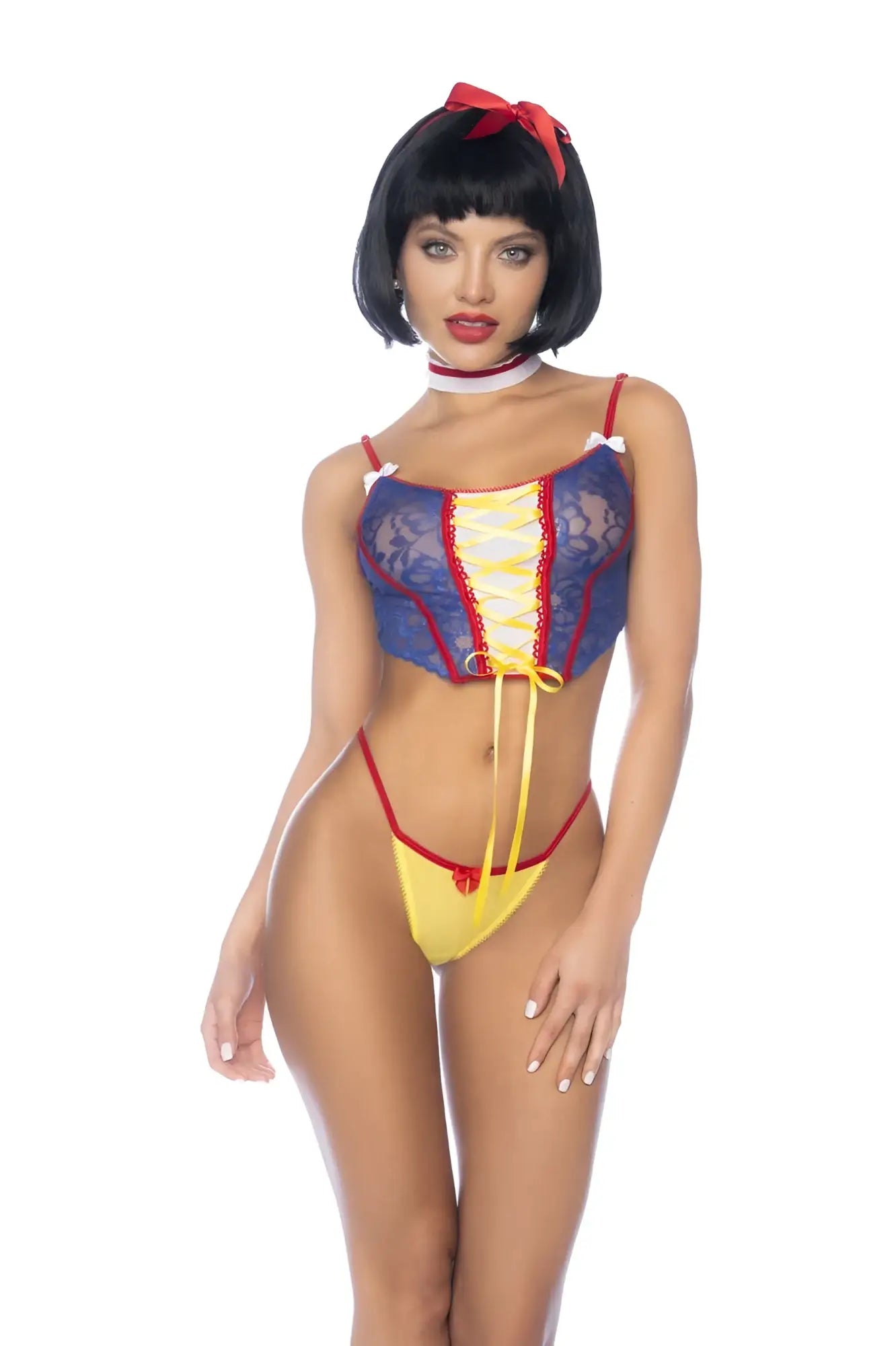 Blue and yellow lace snow white costume with red accents from Mapale 60049 for fantasy princess dress-up