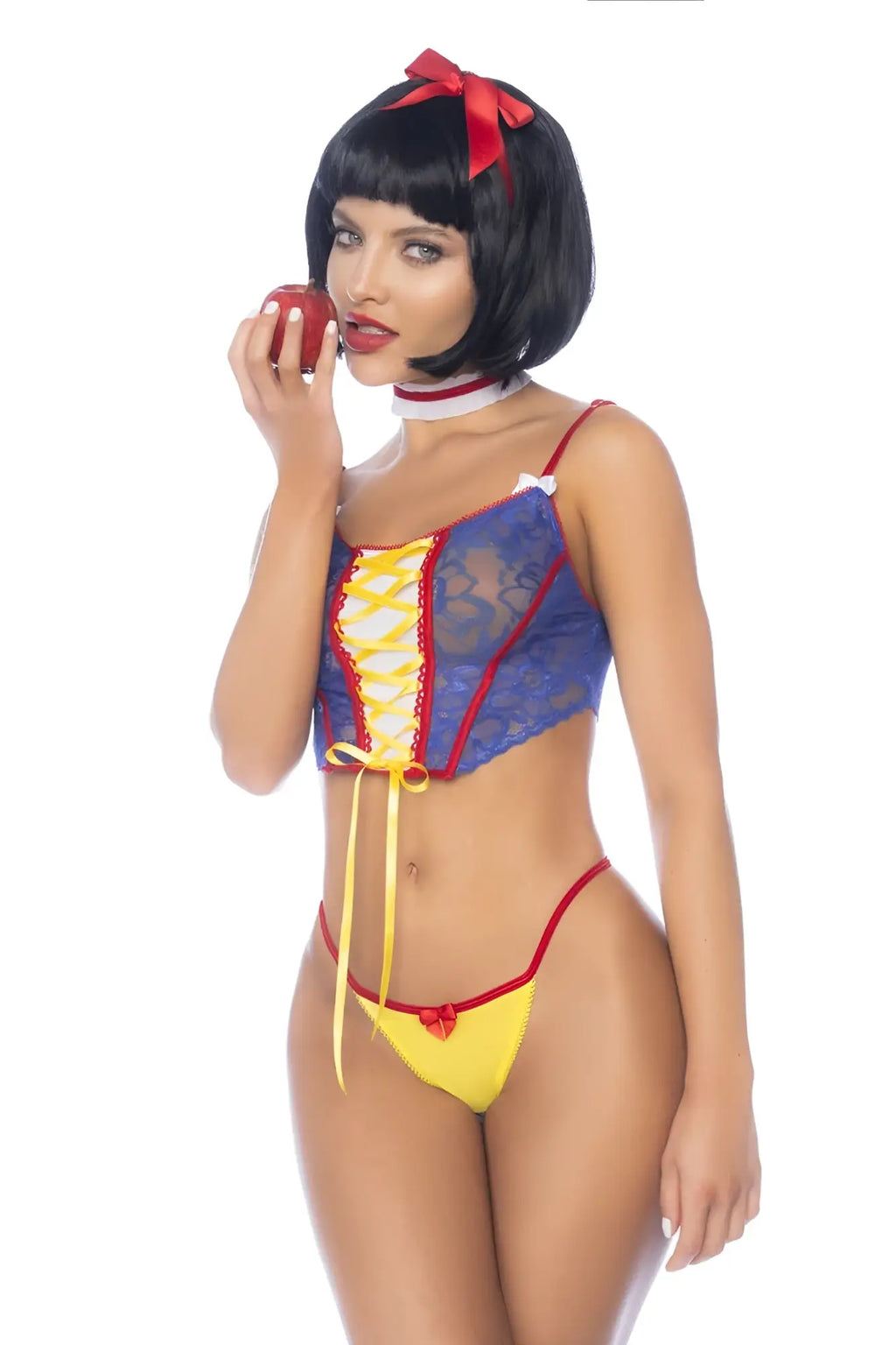 Blue and yellow lace corset top with red trim and matching thong from mapale 60049 poisoned apple fantasy princess costume