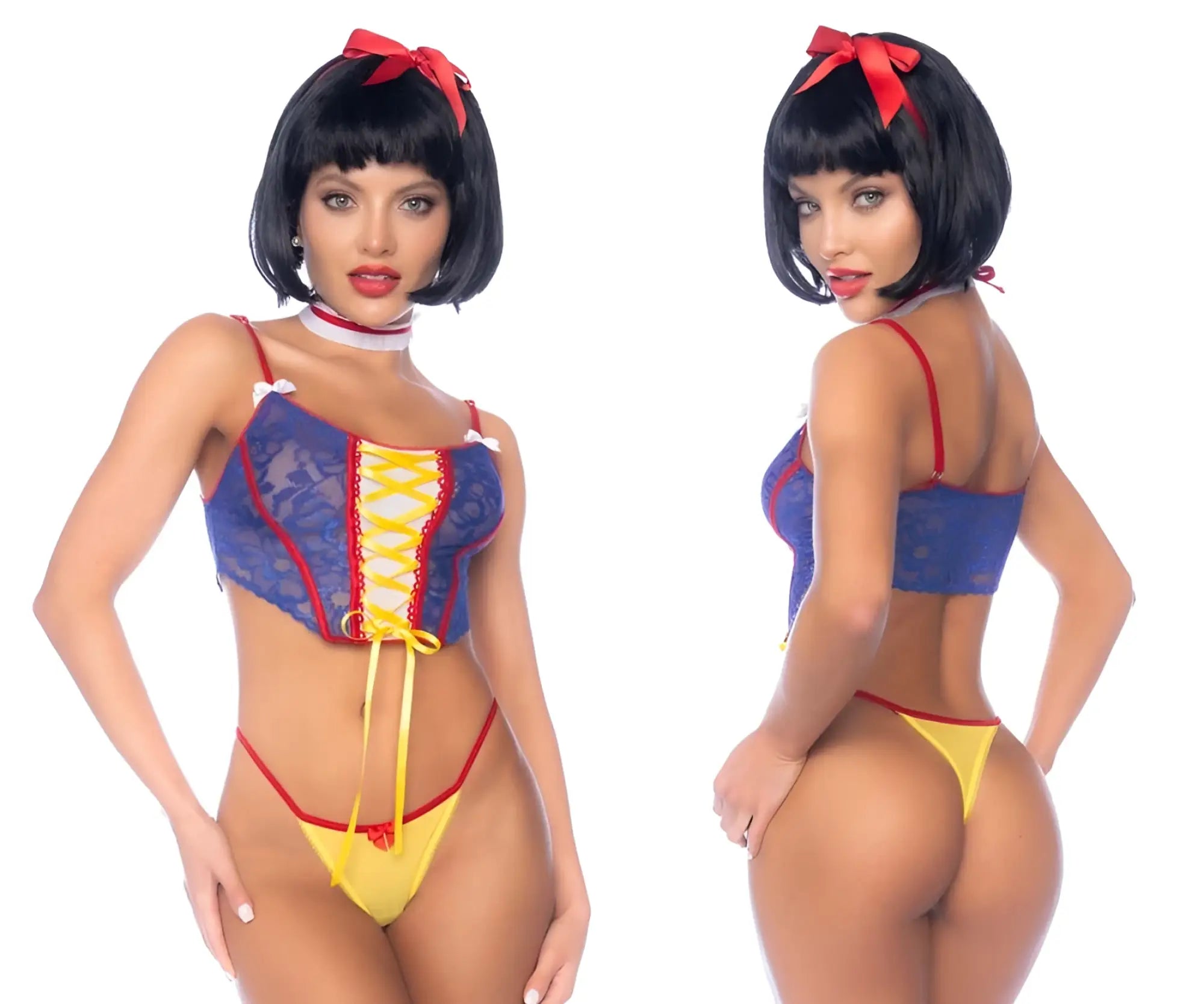 Mapale 60049 poisoned apple fantasy princess costume features blue and yellow lace snow white design with red ribbon accents