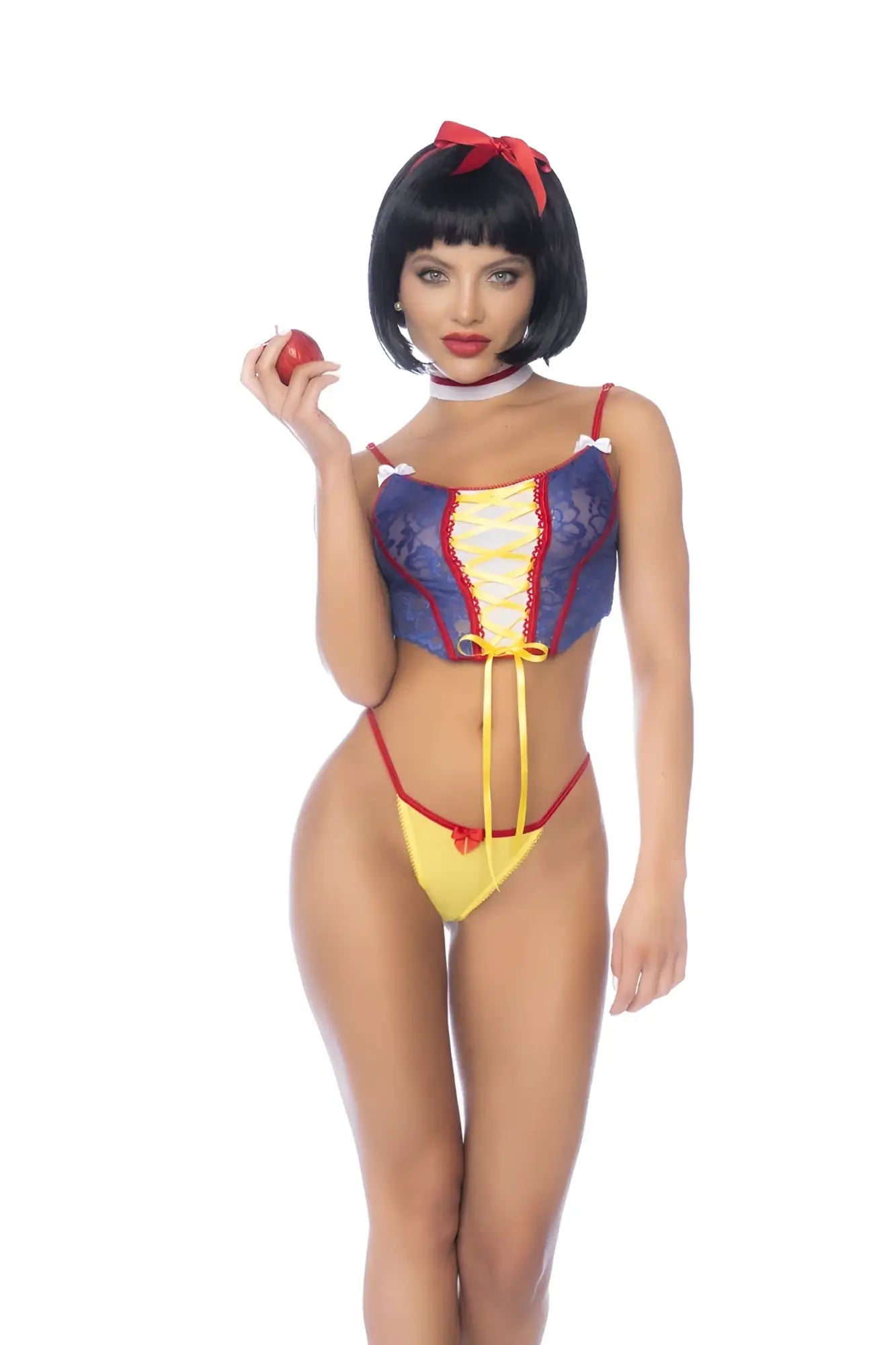 Mapale 60049 costume poisoned apple fantasy princess with blue lace corset yellow lacing red trim and yellow bikini bottoms