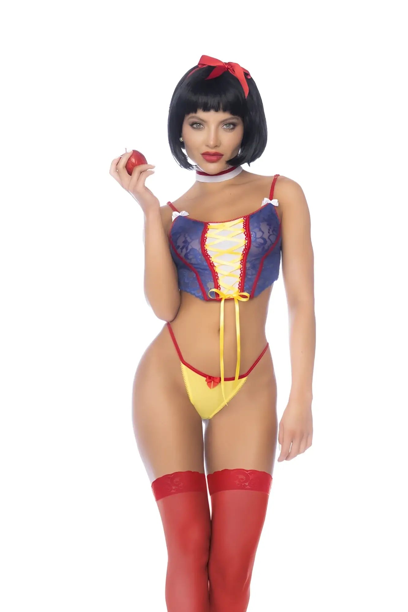 Snow white costume by mapale featuring a blue lace corset with yellow lacing red trim and thigh-high stockings