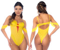 Yellow lace bodysuit with red lacing and floral accent front by mapale 60051 mademoiselle fantasy princess