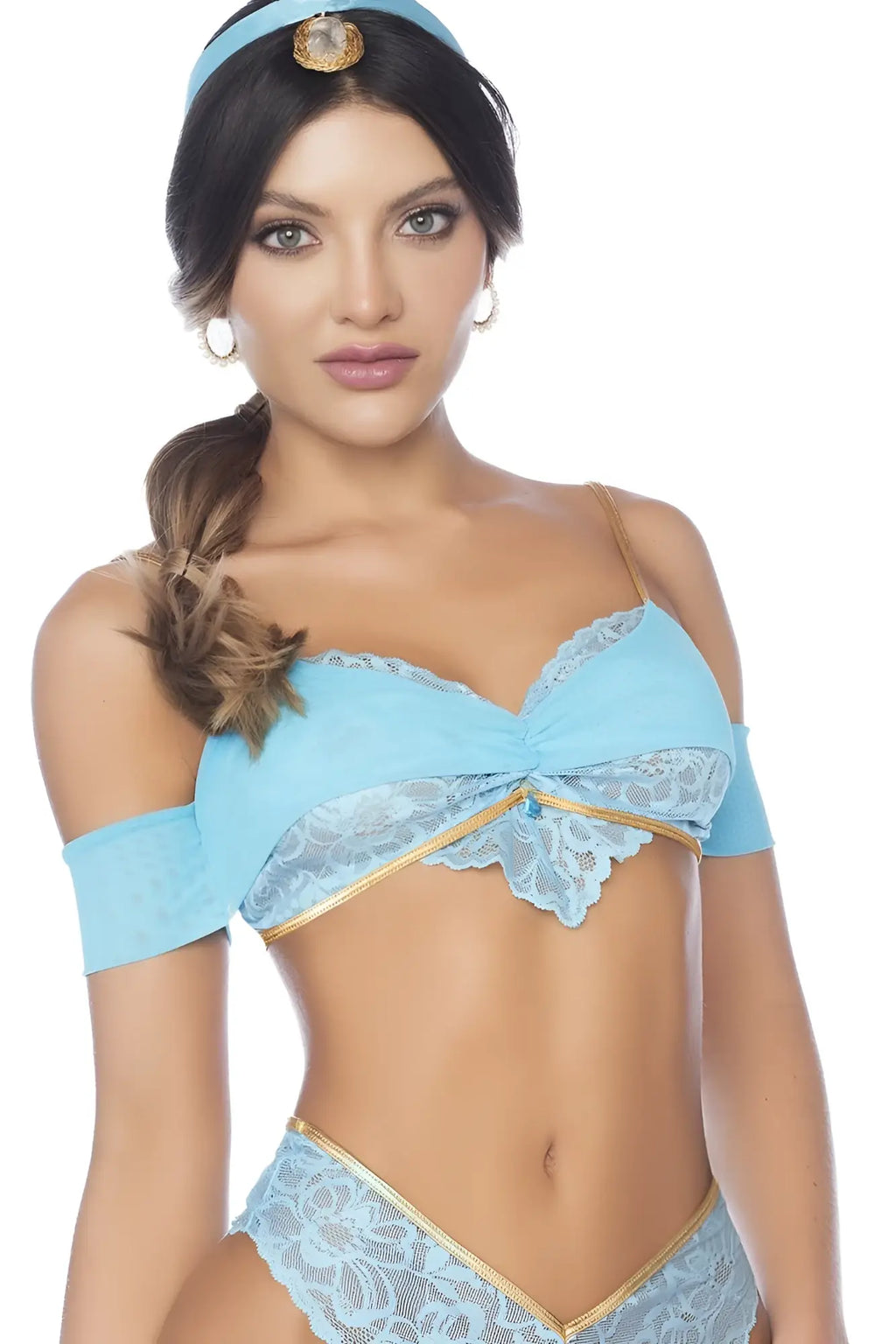 Light blue lace and satin two-piece jasmine cosplay costume with gold trim from mapale arabian night fantasy princess collection
