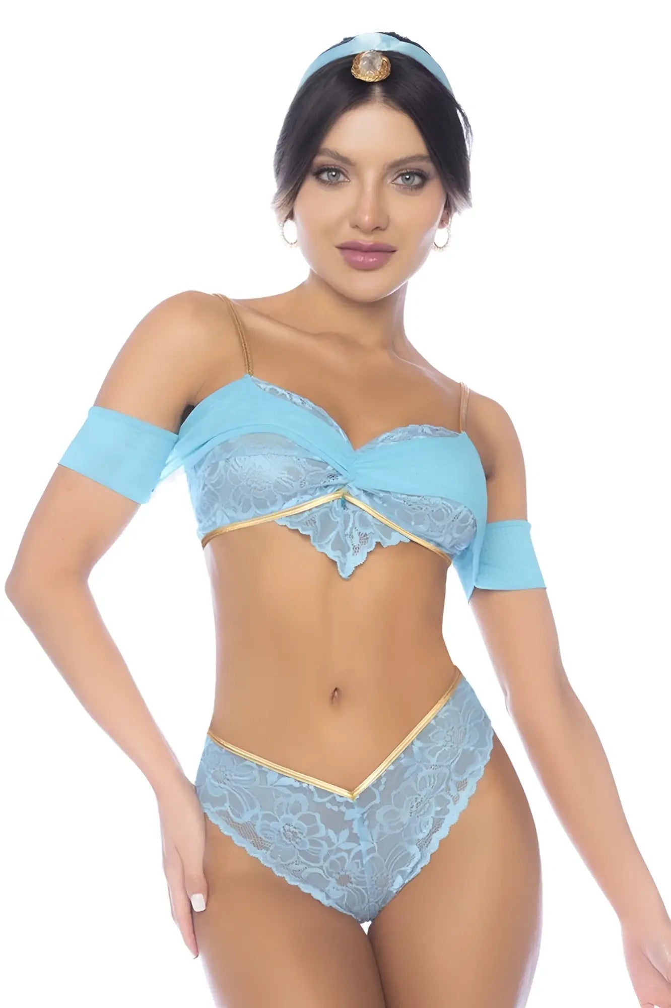 Mapale 60053 costume arabian night fantasy princess light blue lace lingerie set with gold trim and matching headband