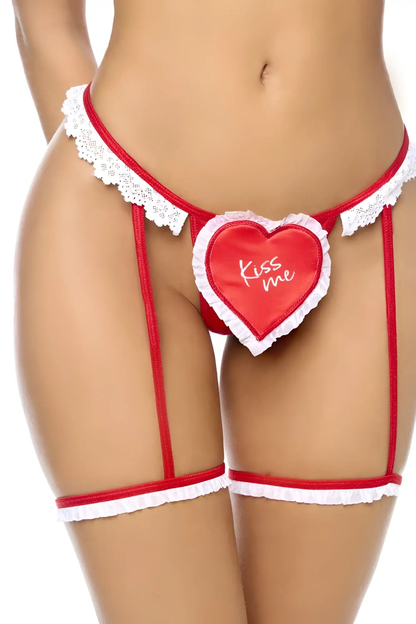 Red and white lace-trimmed heart-shaped garter belt with kiss me embroidery in mapale 60054 two piece set color as shown