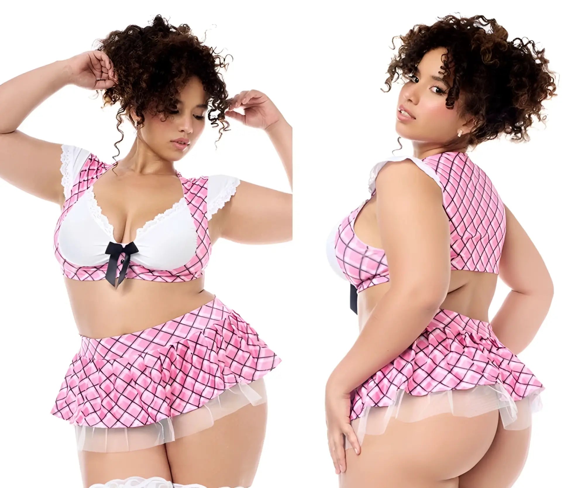 Pink and black checkered schoolgirl lingerie set with white lace trim and black bow by Mapale 60055X school girl color as shown