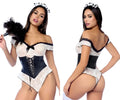 White and black lace maid costume with corset bodice off-the-shoulder sleeves and matching headpiece from mapale 60058