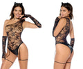Black lace catsuit with sheer floral pattern and faux leather accents by mapale model 60062 color as shown