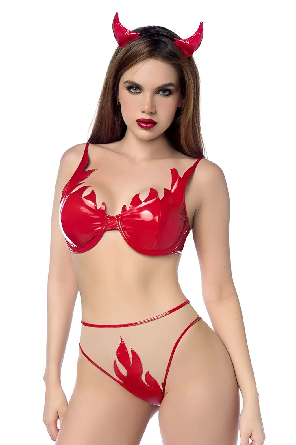 Mapale 60063 red glossy latex devil costume set with flame-shaped cutouts and matching red horns