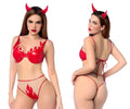 Red devil-themed lingerie set by mapale with glossy plastic flame designs and matching red horns color as shown