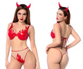 Red devil-themed lingerie set by mapale with glossy plastic flame designs and matching red horns color as shown
