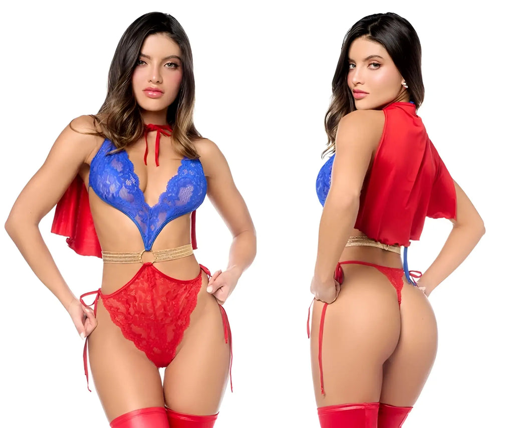 Blue and red lace superhero-themed lingerie set with gold belt detail from Mapale 60064 super girl color as shown