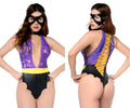 Purple and black lace bodysuit with yellow trim and matching black mask from Mapale 60065 dark desire collection