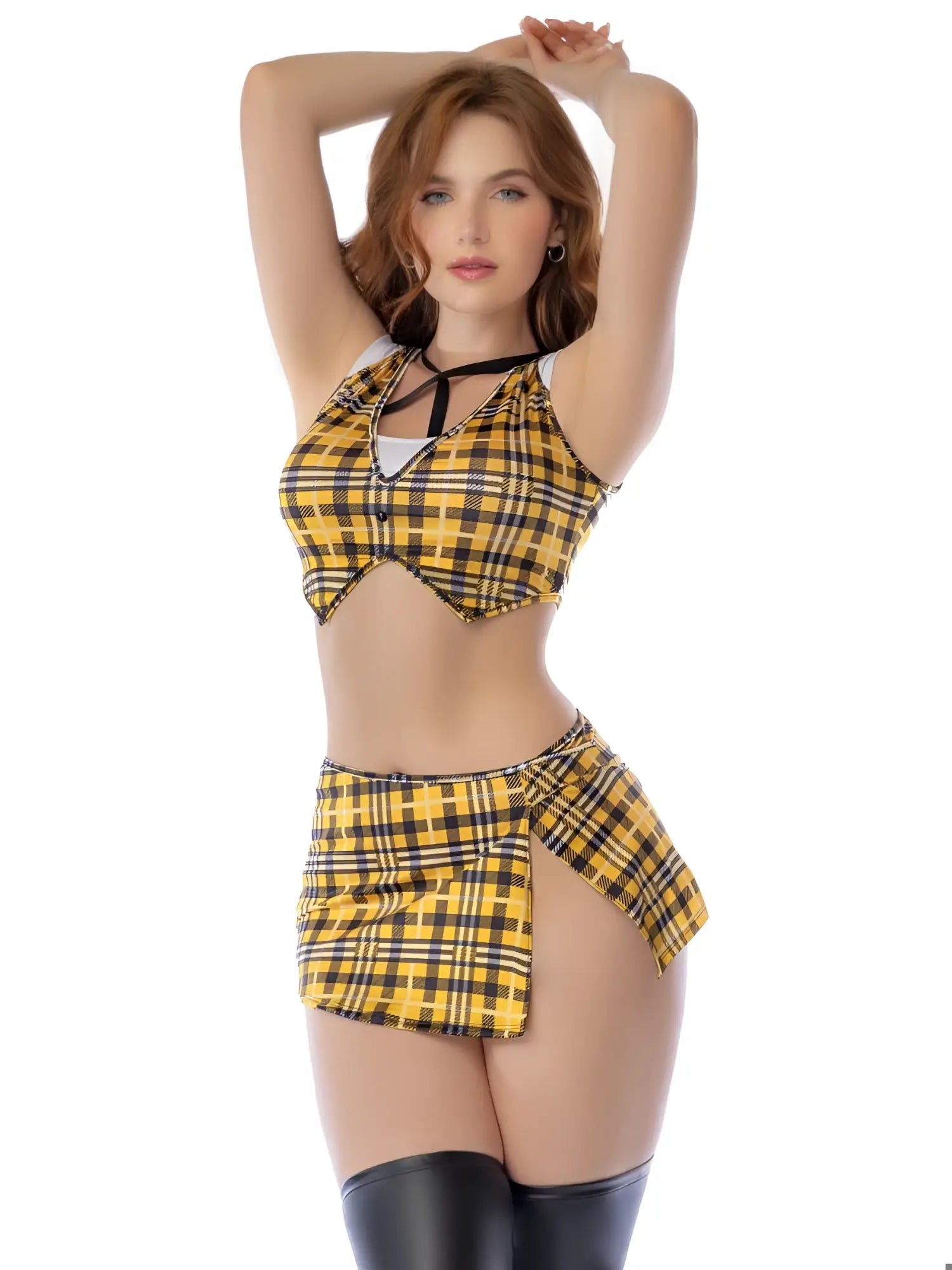 Yellow and black plaid two-piece school girl costume set by mapale featuring a fitted top and pleated skirt